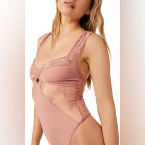 Free People Sheer Things Lace Trim Mesh Bodysuit In Smoke Rose - Picture 2 of 8
